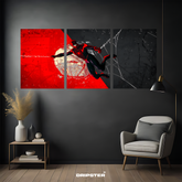 Miles Morales tri-panel poster by Dripster featuring Spider-Man web-swinging artwork in red and black